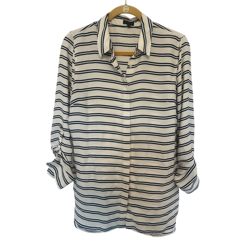 Talbots Womens Ivory Navy Blue Striped Roll Tab Sleeve Button Down Blouse M